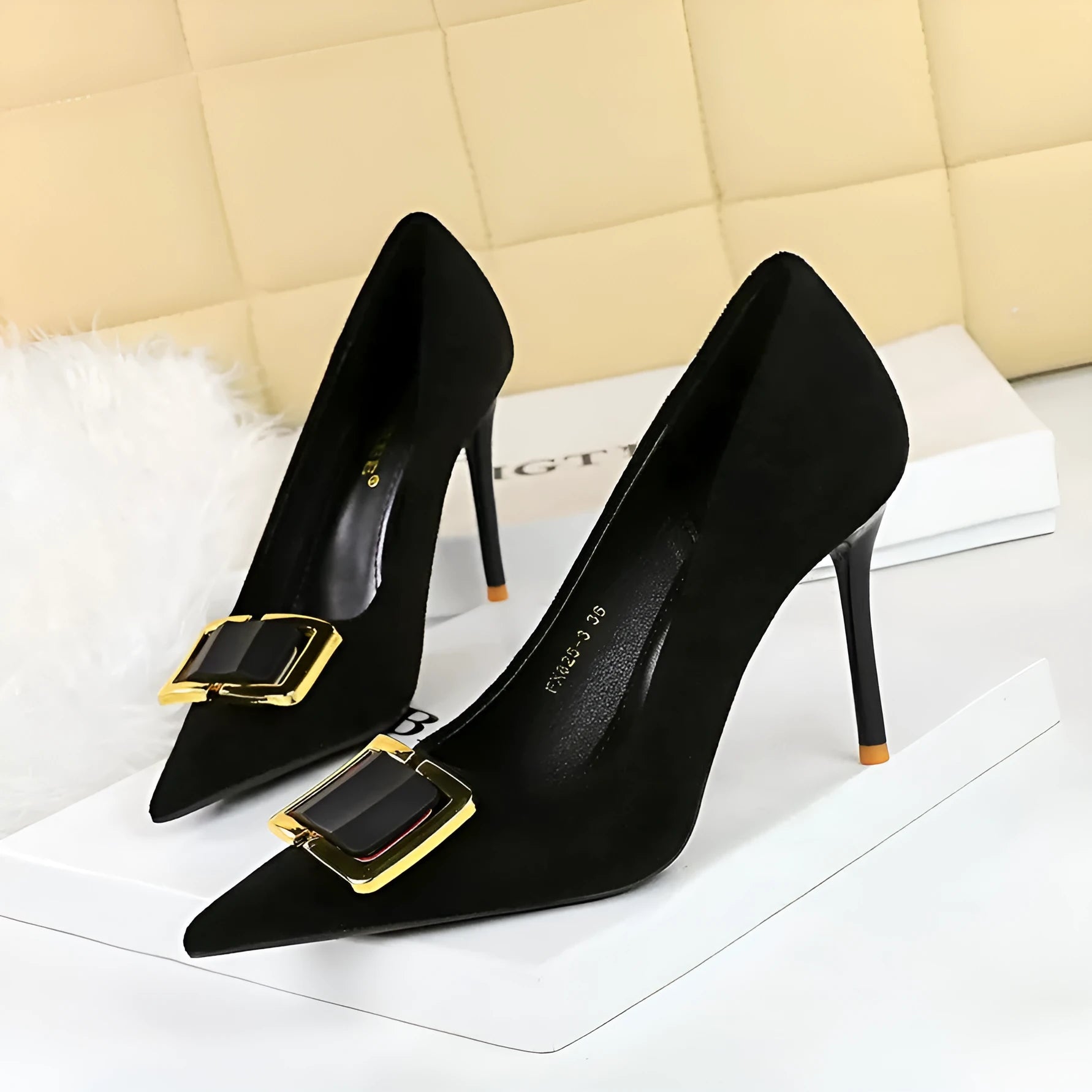 Black suede women's stiletto high heels with a pointed toe and a 9cm heel.