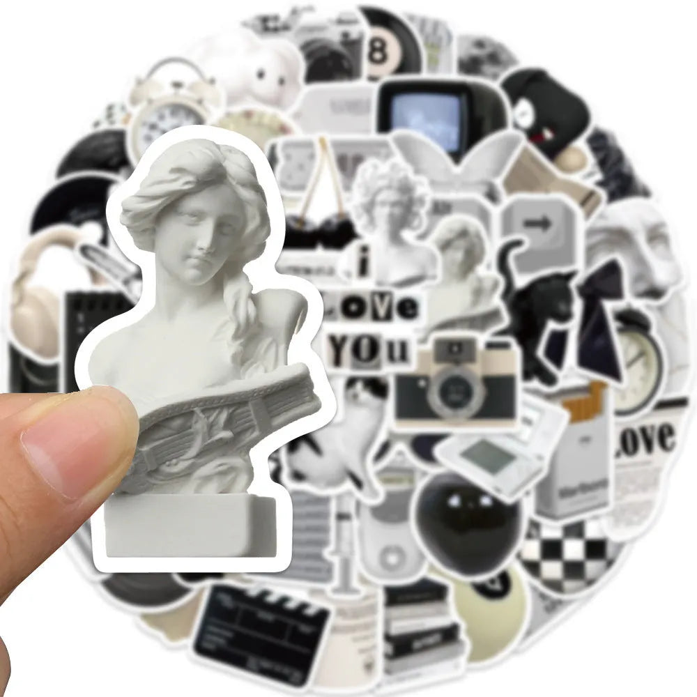 61 black and white PVC waterproof stickers for laptops, phones, and luggage customisation