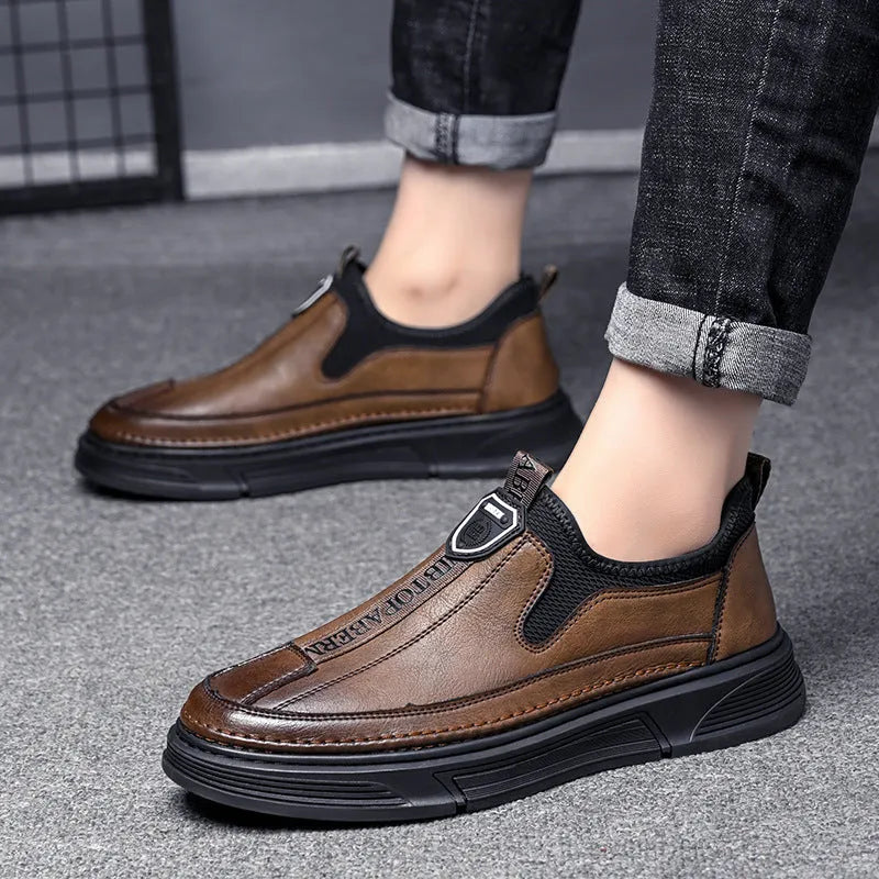 Men's black and brown round toe leather casual shoes showing front and side views