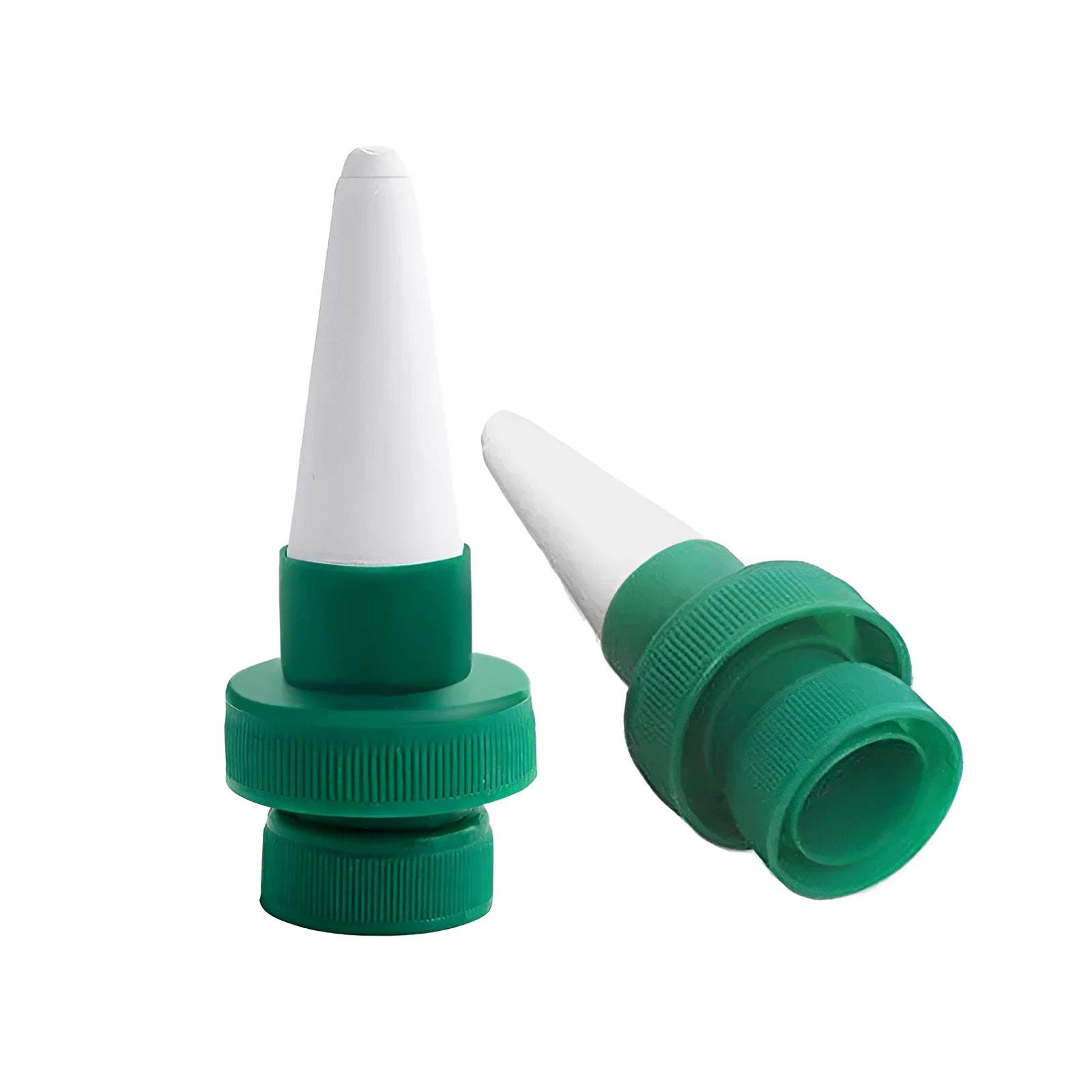 Green ceramic dripper device for attaching to cola bottles for automatic plant watering
