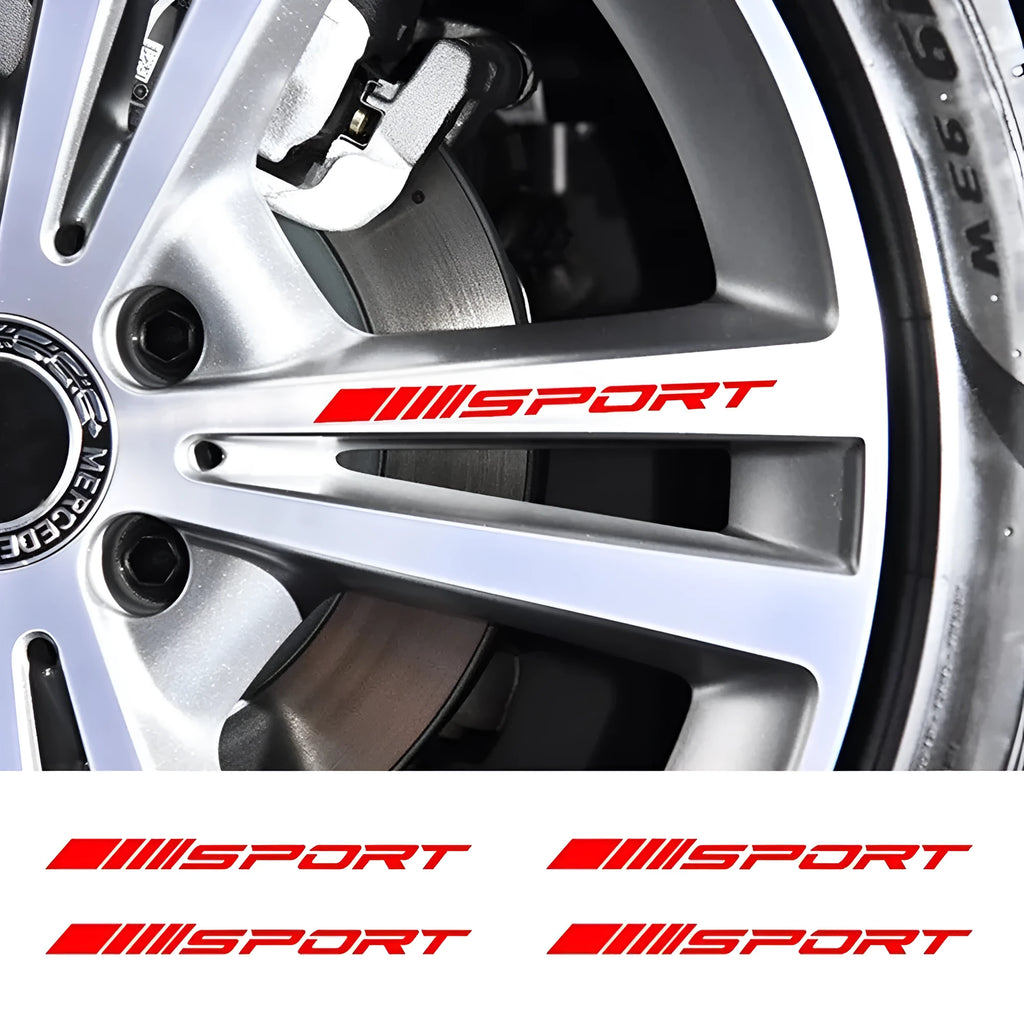 Black hollow design sports car rim sticker measuring 10cm by 0.7cm on an alloy wheel.
