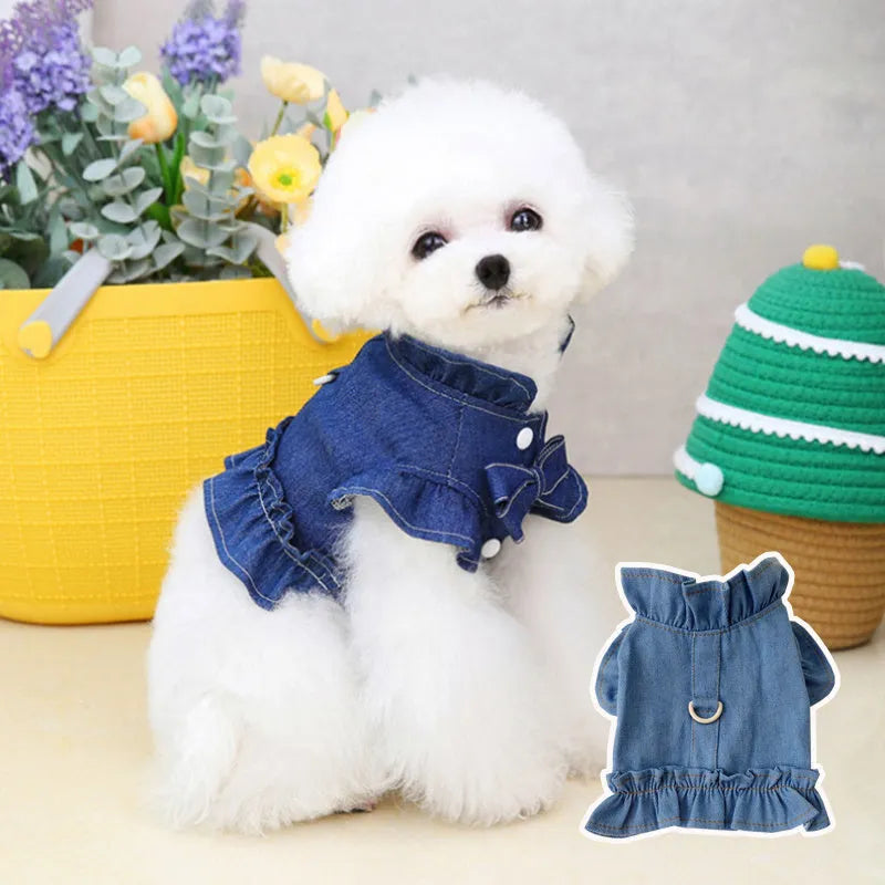 Blue denim pet dress with ruffles vest styling and back leash hook for dogs and cats