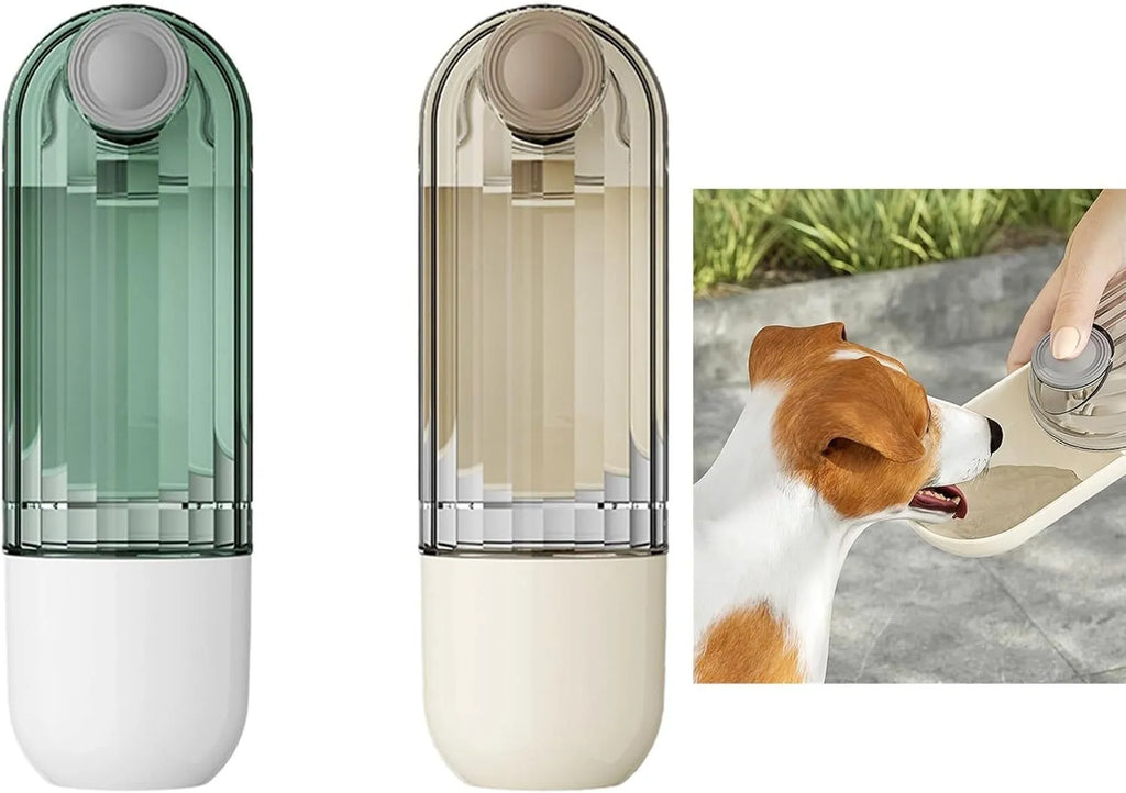 Green foldable dog water bottle with leak-proof lid and food container, shown extended for use.