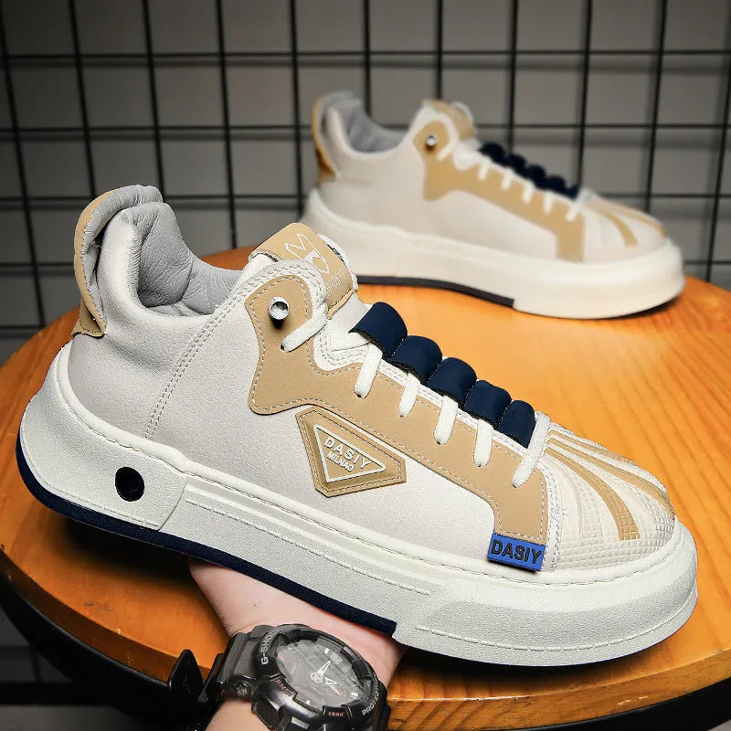 Men's beige and black elastic band casual sneakers with round toe and mesh lining