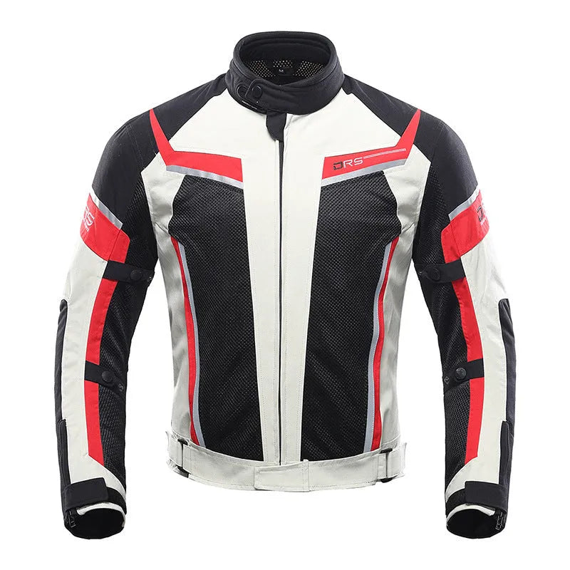 Summer motorcycle jacket in black and white nylon with reflective stripes for breathable riding protection