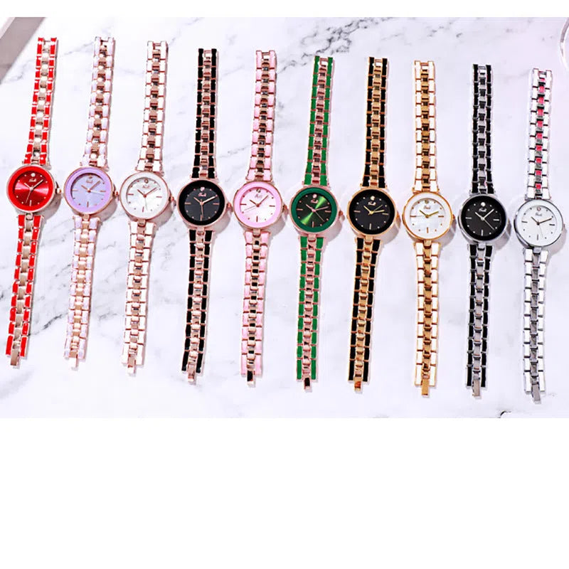 Ladies quartz watch with white dial, rose gold tone, 30mm round alloy case, and steel strap