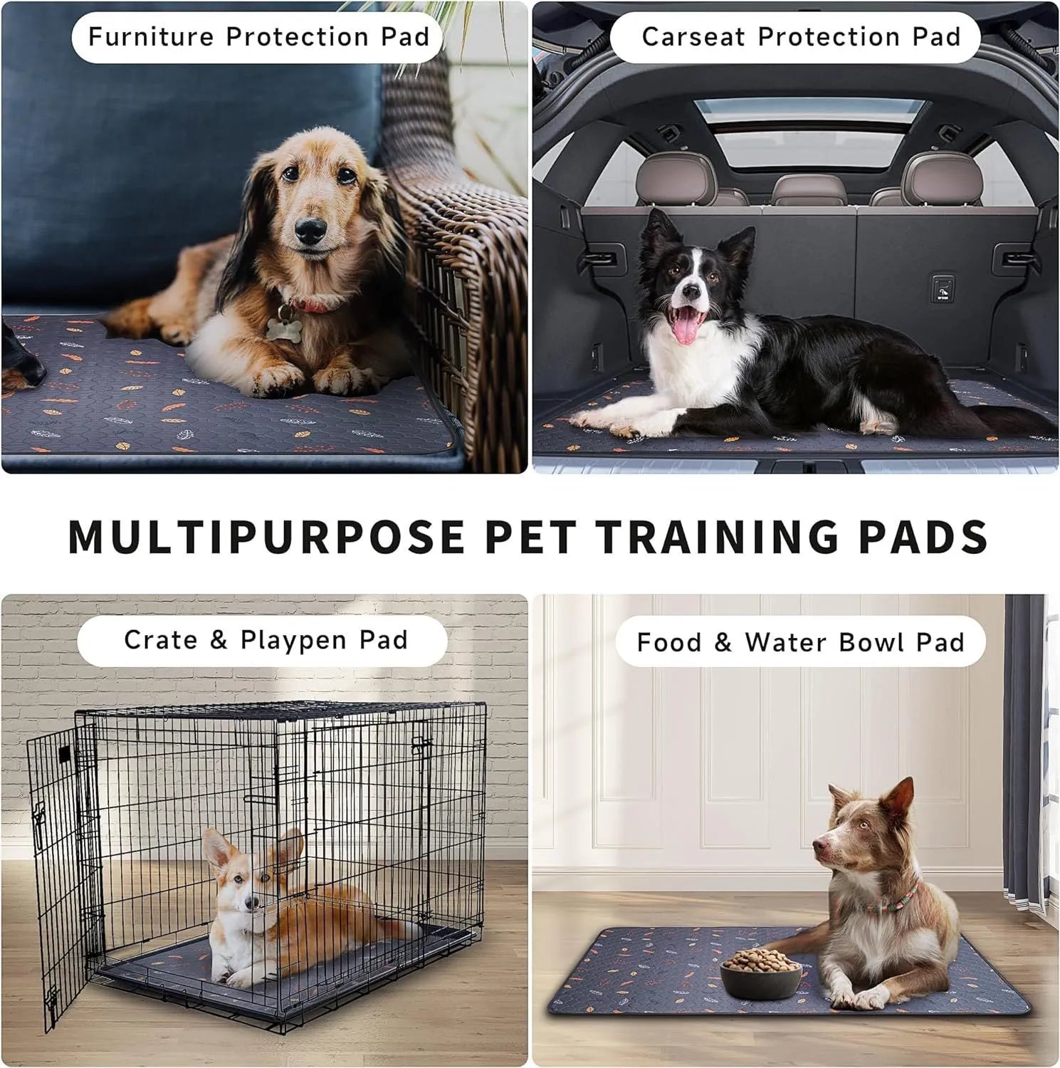 Breathable absorbent machine washable non-slip cloth dog training urine pad in dark grey leaves pattern on floor