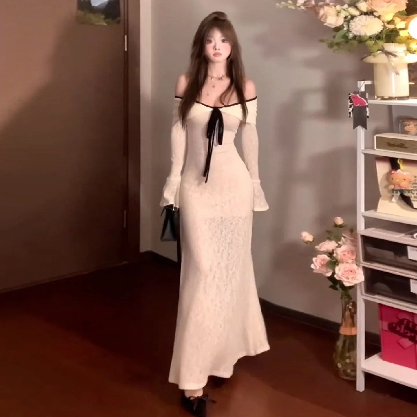Off-shoulder long-sleeved knitted dress for women in white with high waist polyester fabric