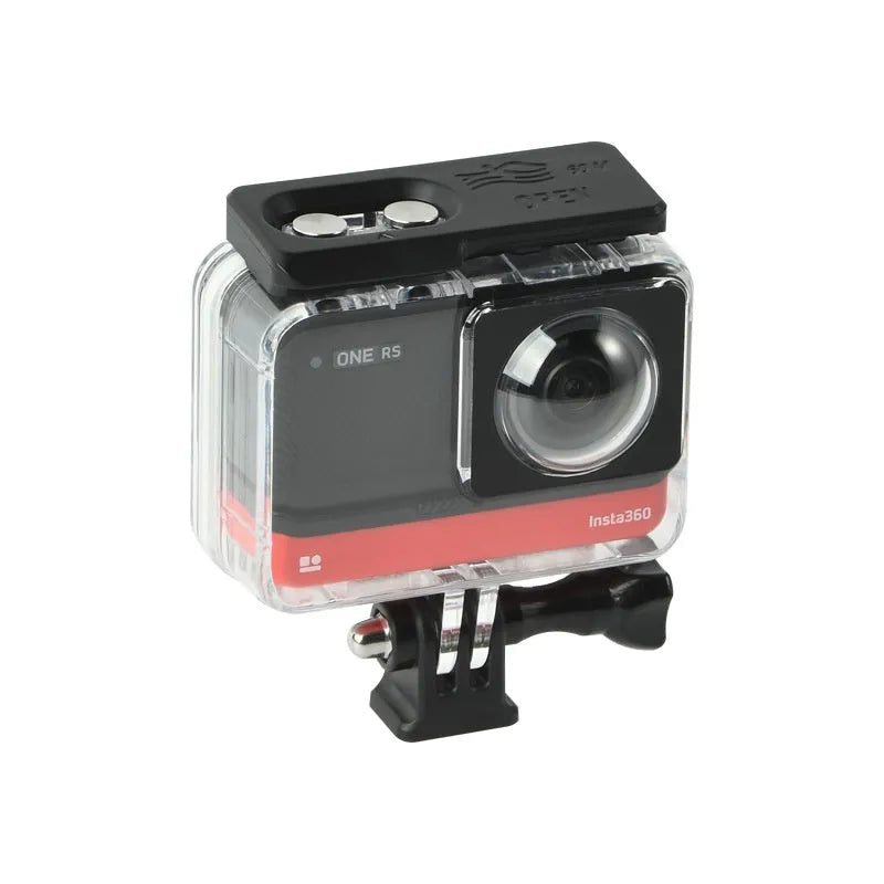 Transparent waterproof housing case for Insta360 One RS panoramic camera measuring 9x8x4.5cm