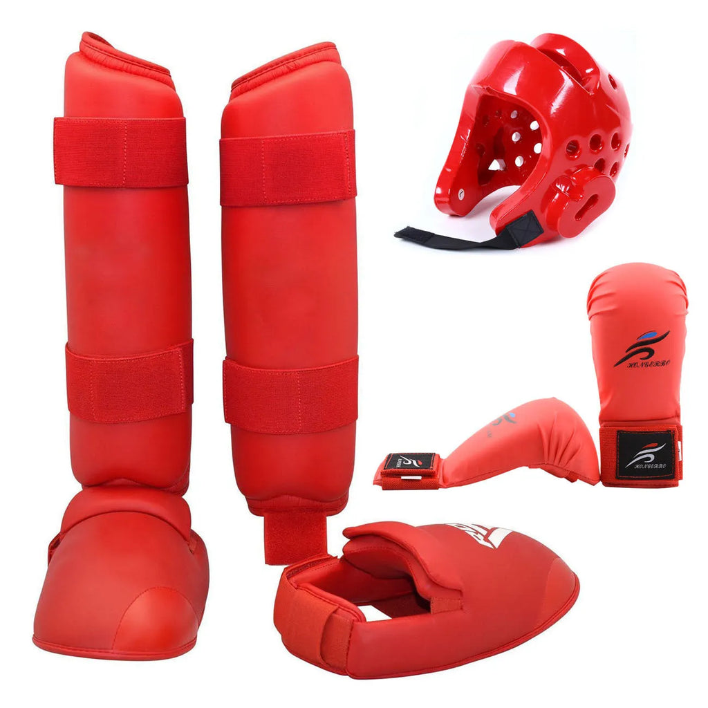 Red karate taekwondo protective gear set with leg guard, helmet and boxing gloves on white background