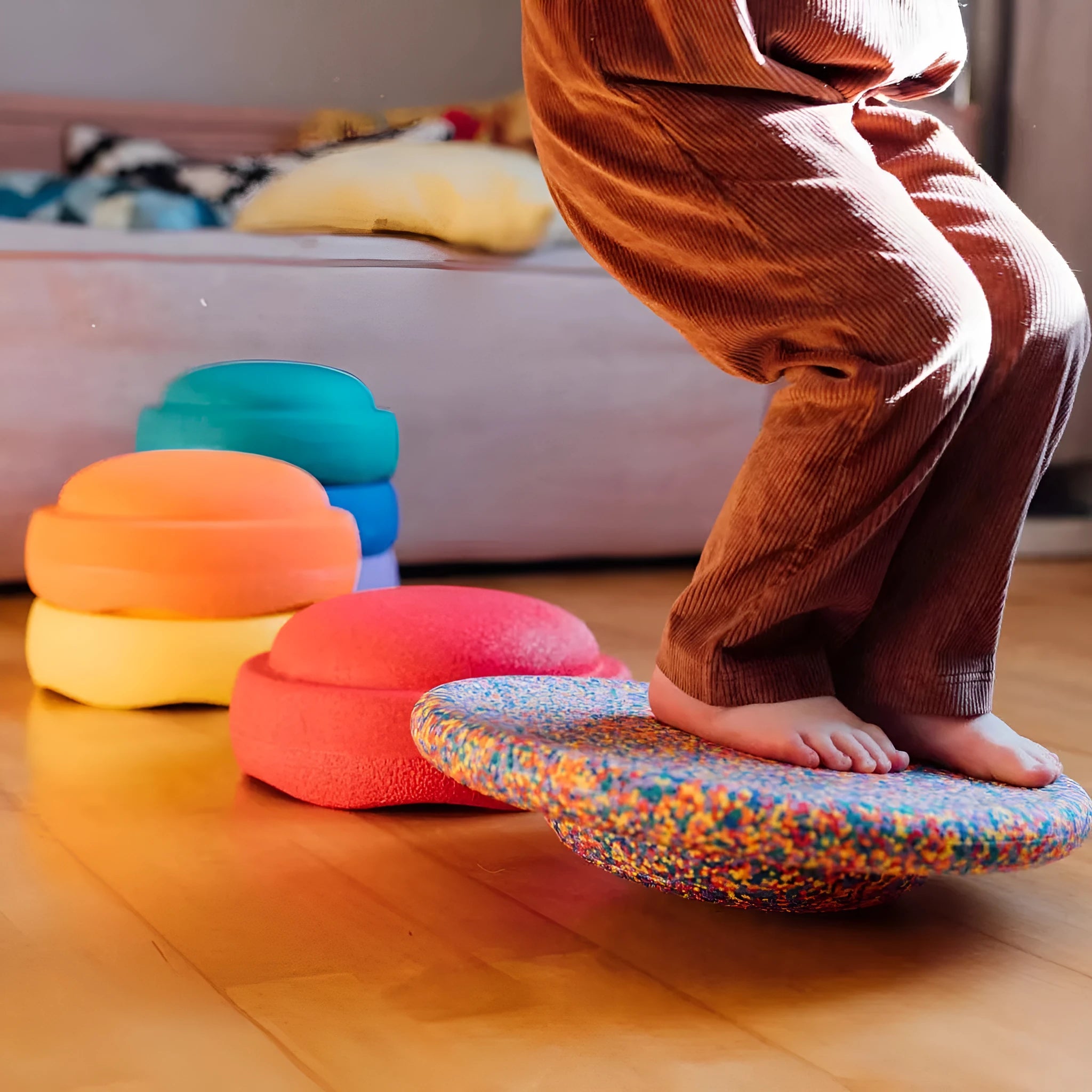 Plastic wood surf balance board for children in mixed colour or black wood effect finish.
