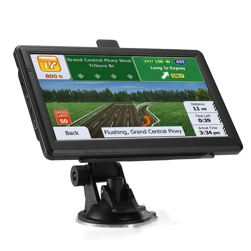 7-inch portable car GPS navigation device with mount and charger on a car dashboard