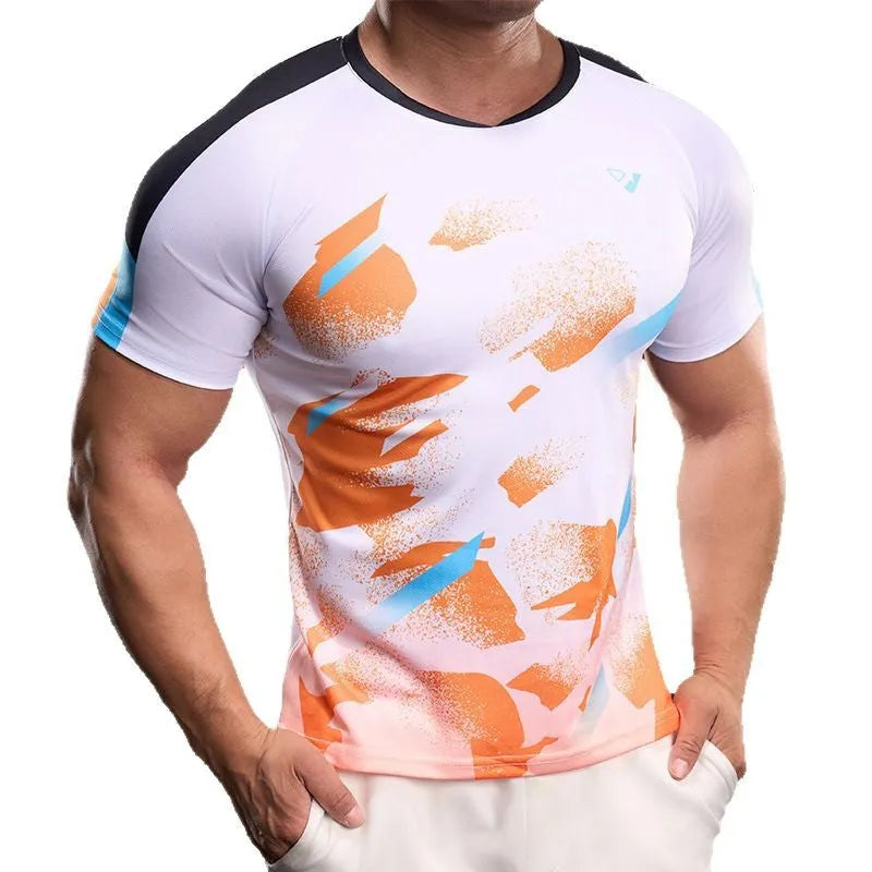 Men's blue quick-drying polyester fibre short sleeve running T-shirt on white background