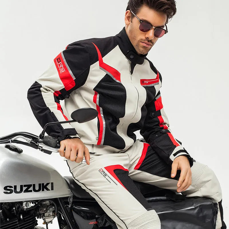 Summer motorcycle jacket in black and white nylon with reflective stripes for breathable riding protection