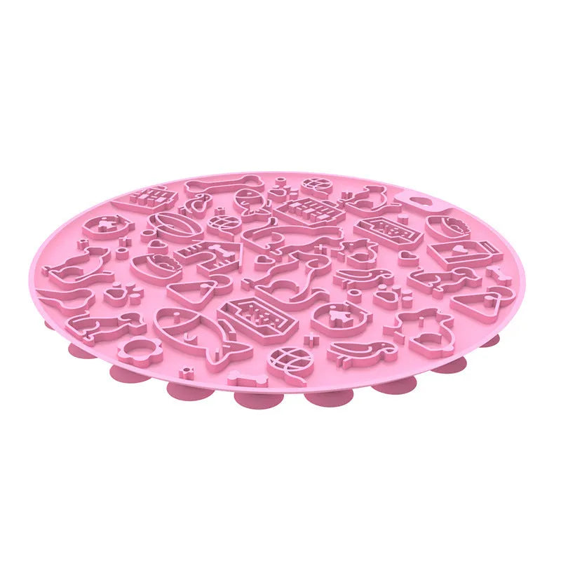Round silicone pet licking mat with textured surface and suction cup on reverse, in blue colour.