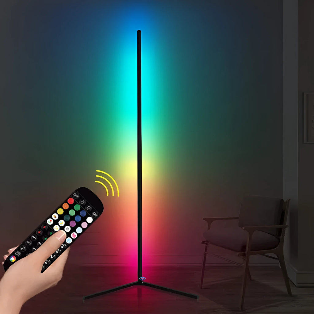 Black smart RGB floor lamp with silicone shade and remote control for music sync lighting