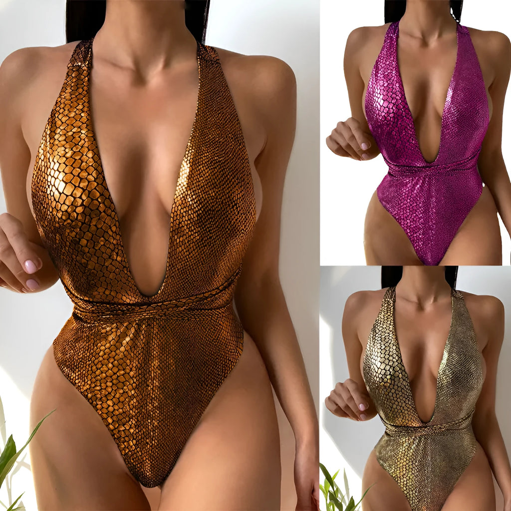 Solid colour sequined one-piece swimsuit for women in various colours like rose red, gold, and green.