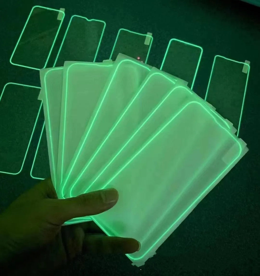 Fluorescent tempered glass iPhone screen protector in luminous colours showing full screen coverage