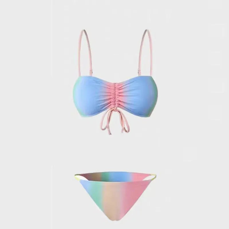 Women's lace-up triangle bikini swimsuit top and trousers set in a colour matching option.