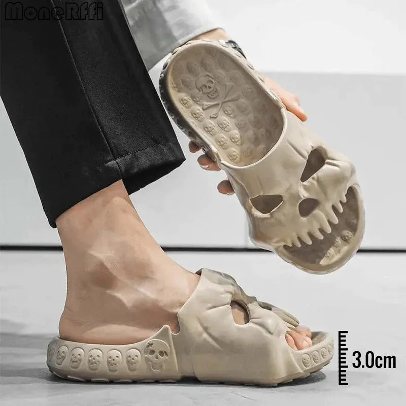 Khaki personalised skull design EVA slippers on a tiled floor, unisex Halloween flip-flops for indoor outdoor use