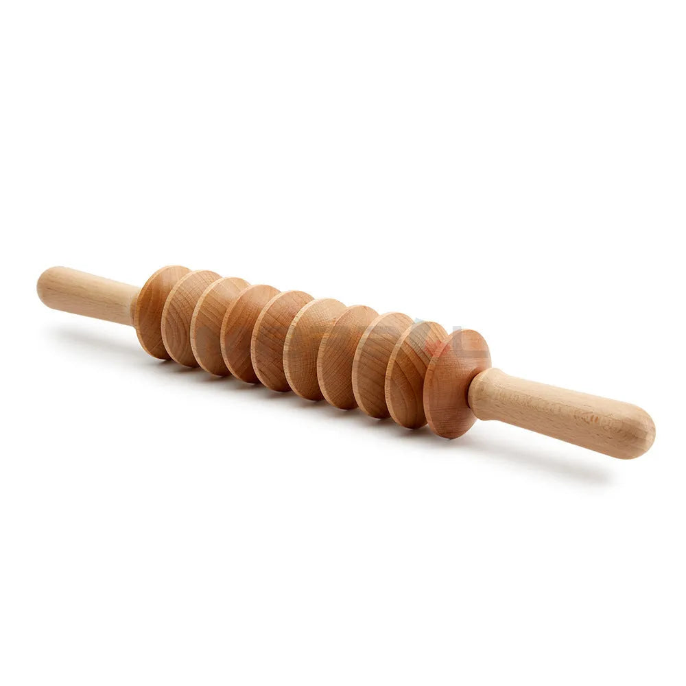 Beech wood massage roller set showing T-shaped roller and multiple wheel attachments for different pressure applications
