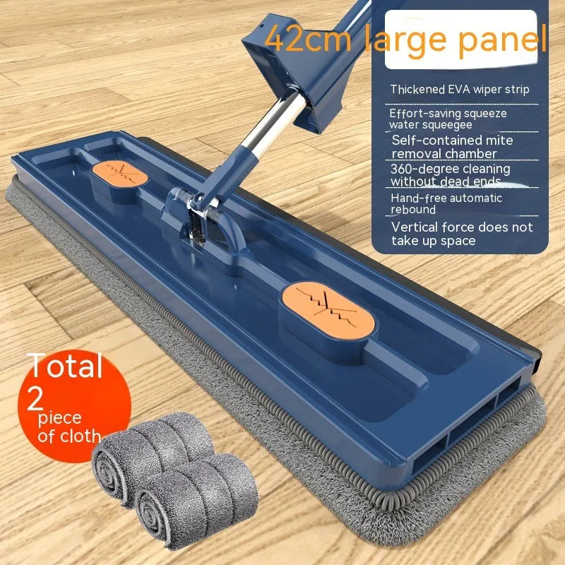 Large flat mop with stainless steel handle and 360-degree rotating head on hard floor