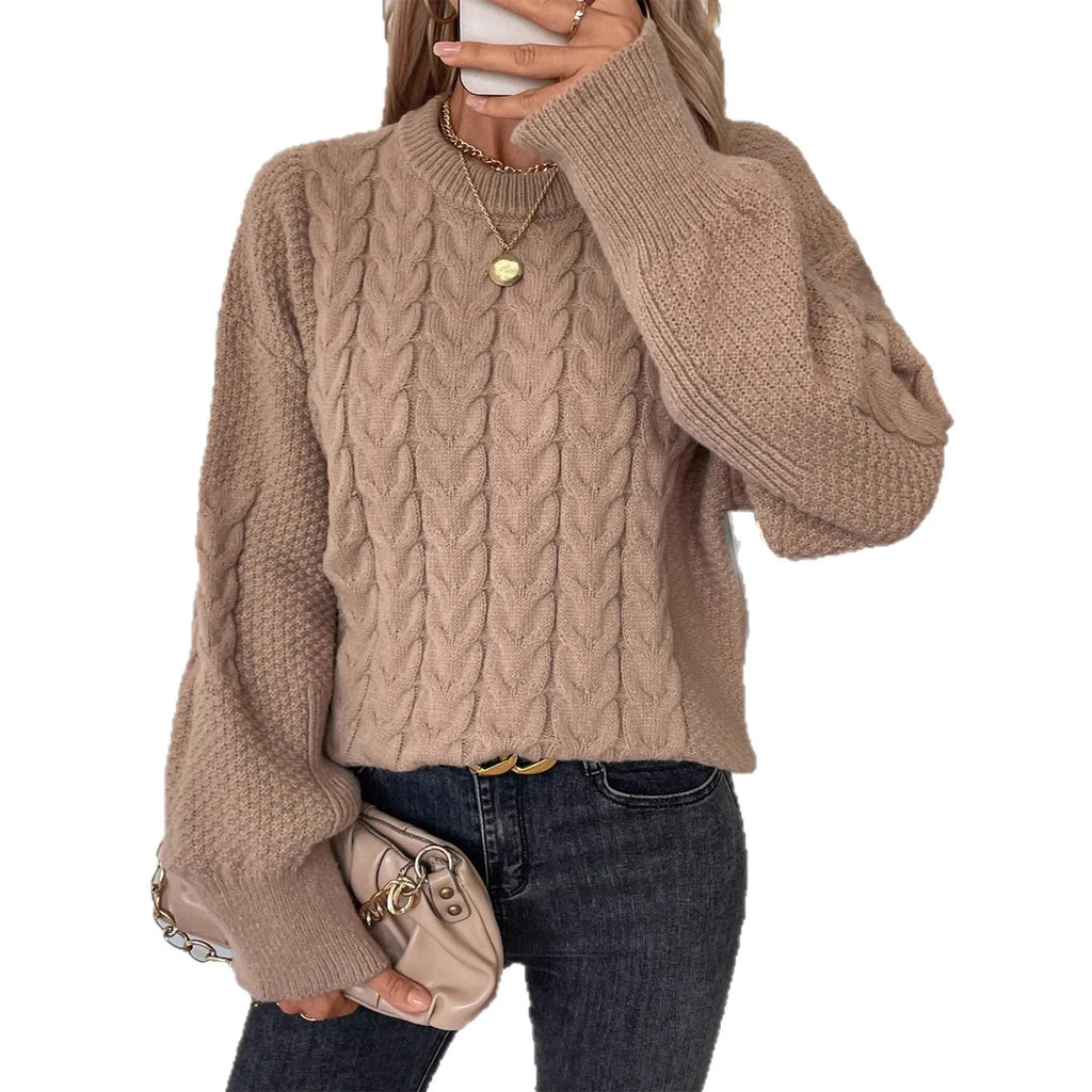 Women's twist design casual sweater in beige colour showing loose fit and round neckline
