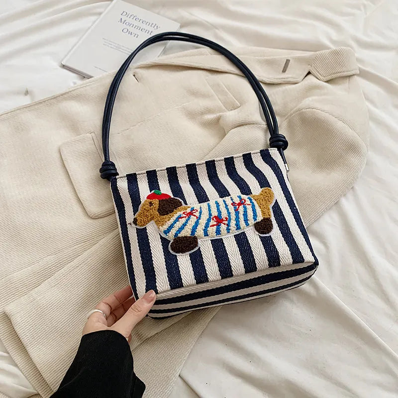 New Cartoon Sausage Dog Bucket Bag Autumn Texture Soft Polyester Crossbody Bag with Sewing Thread Detail Street Trend Shoulder Bag