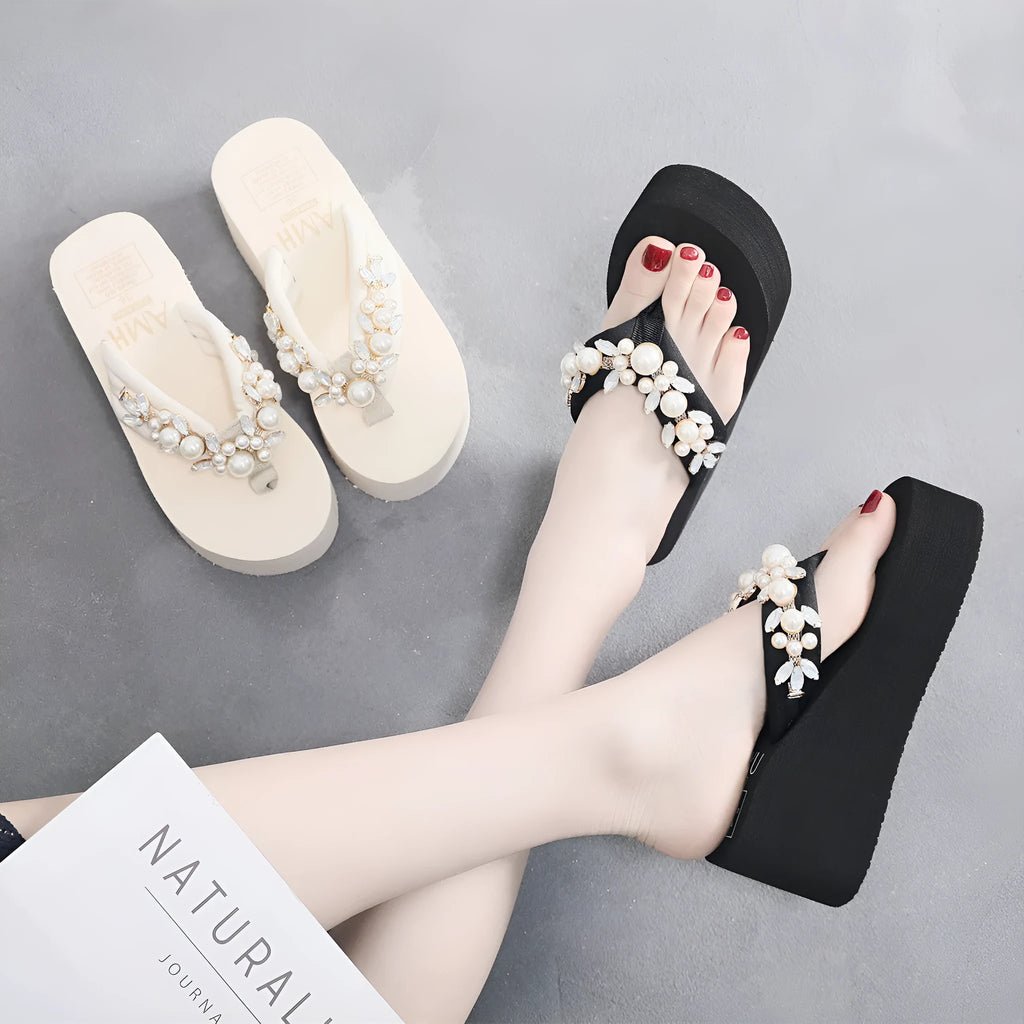 Women's black and beige high-heeled flip-flop slippers with cotton cloth uppers.