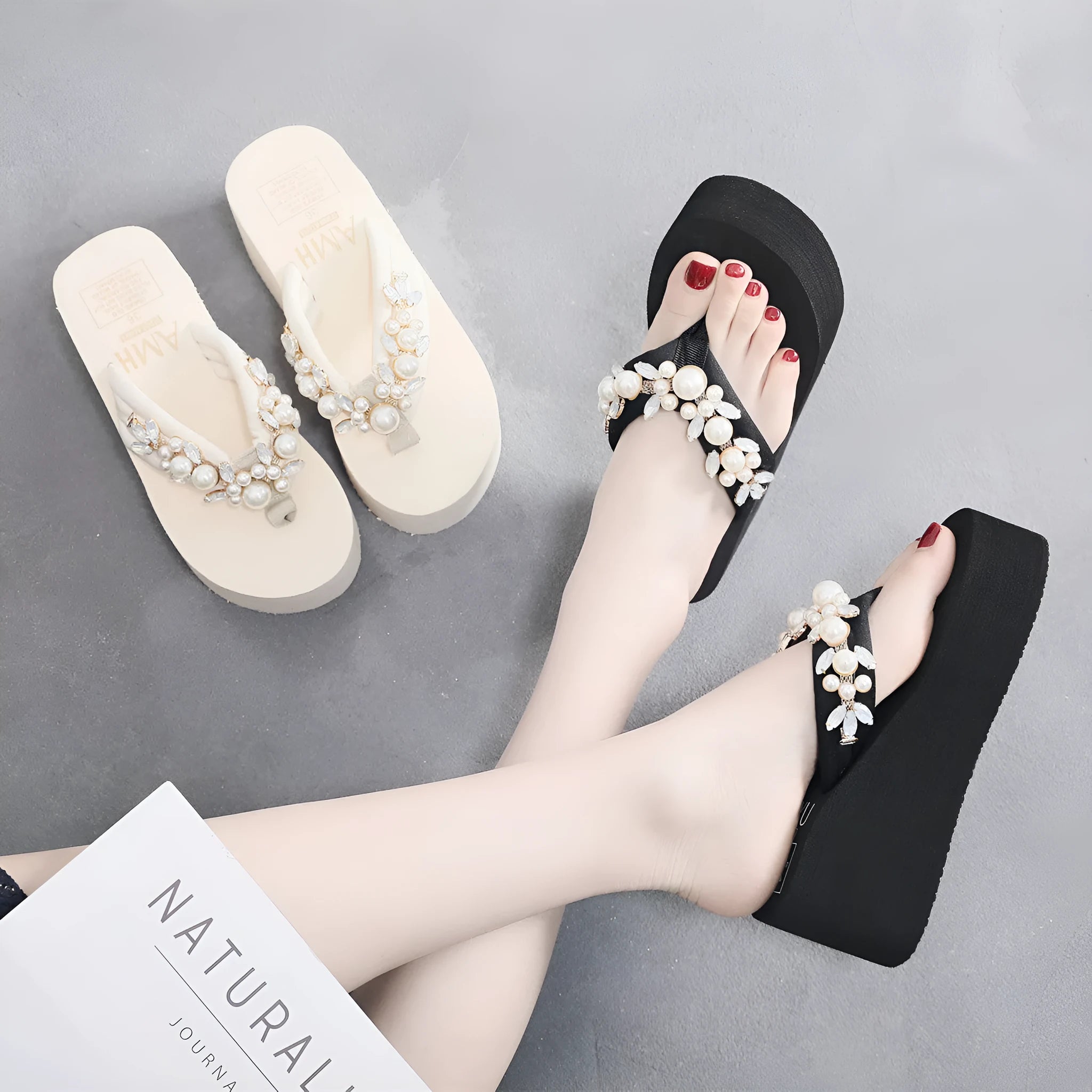 Women's black and beige high-heeled flip-flop slippers with cotton cloth uppers.