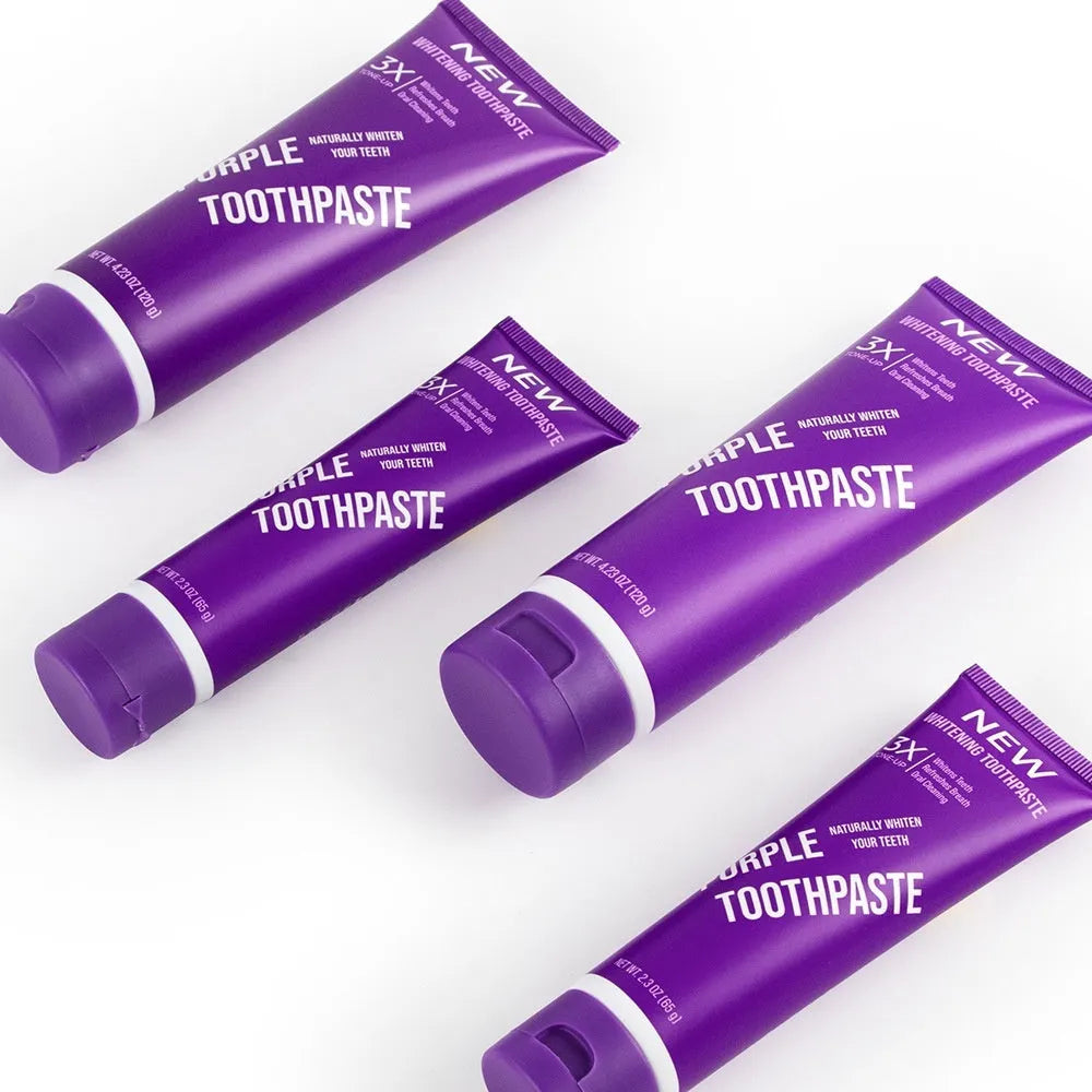Purple whitening toothpaste tube with 120g net content for adult yellow stain removal