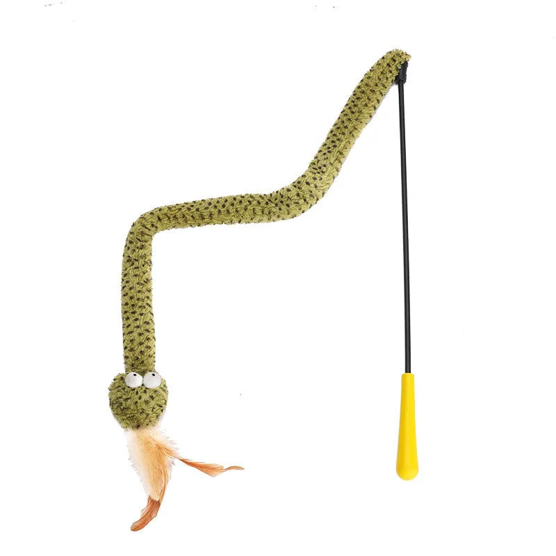 Green snake pattern cat teasing stick with feather attachment measuring 140cm long