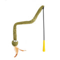 Green snake pattern cat teasing stick with feather attachment measuring 140cm long