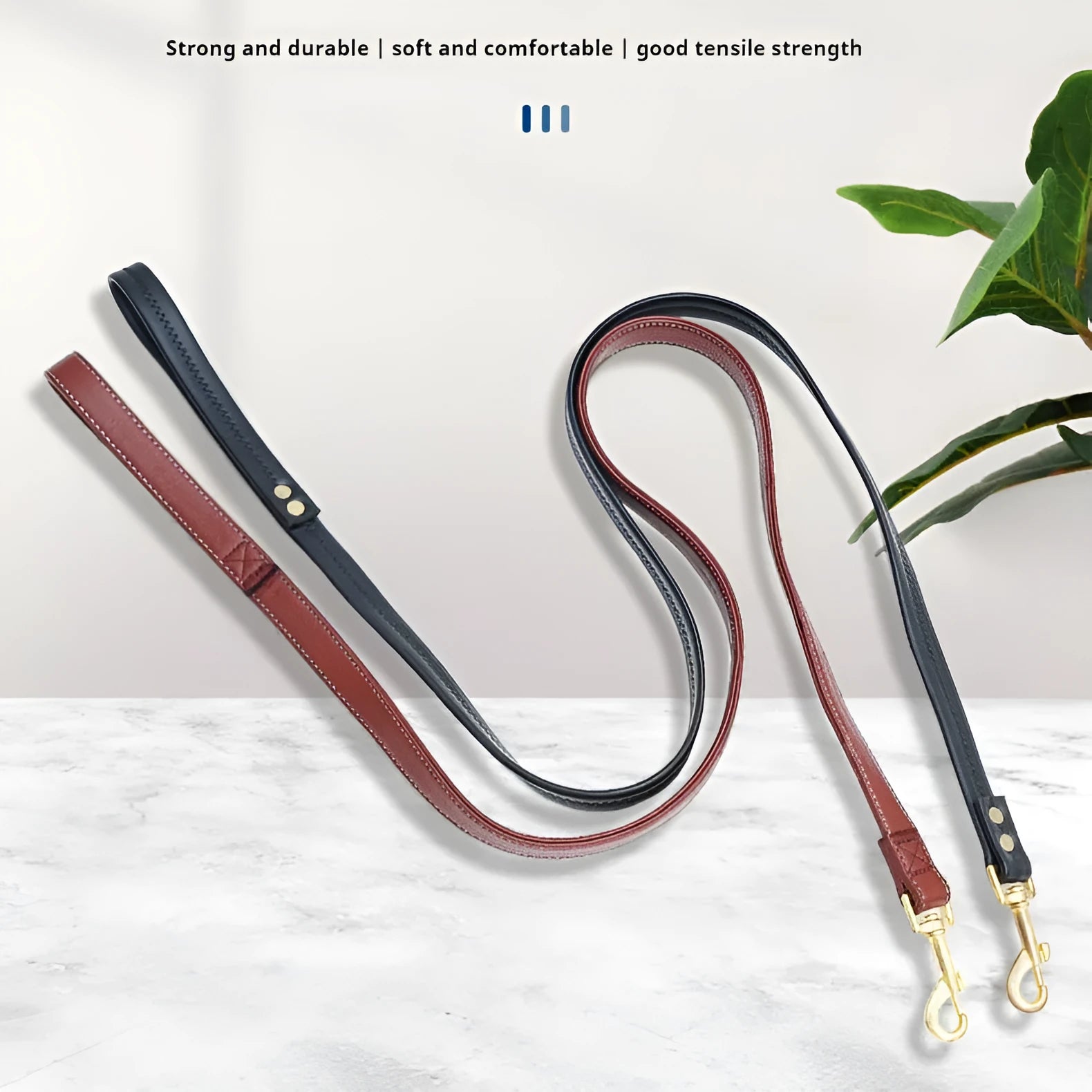 Black PU leather dog lead with traction rope showing adjustable length options for pet control