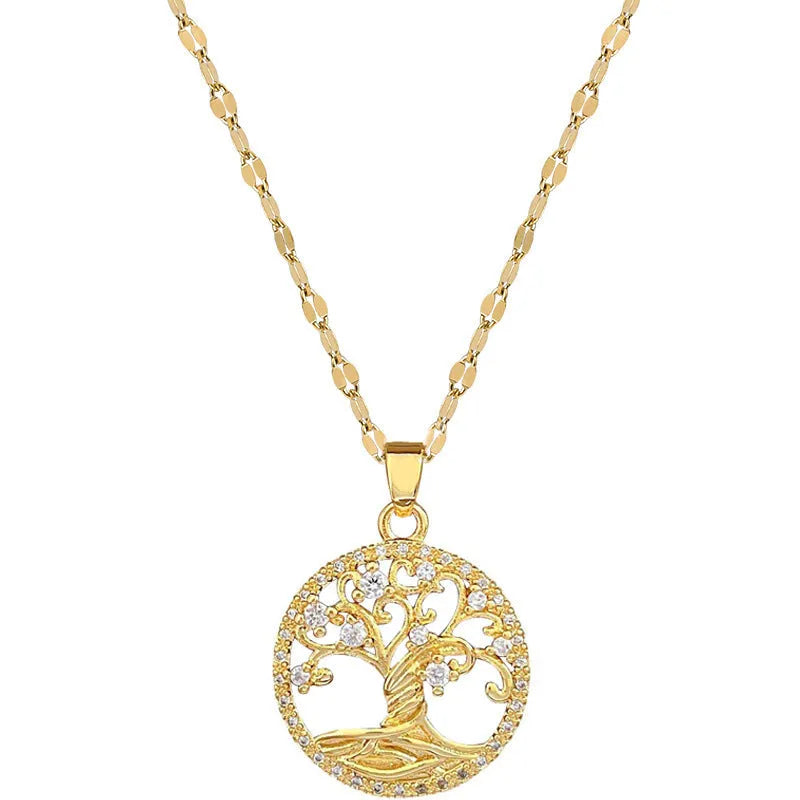 Gold-plated lucky tree necklace with mother pearl pendant on adjustable stainless steel chain