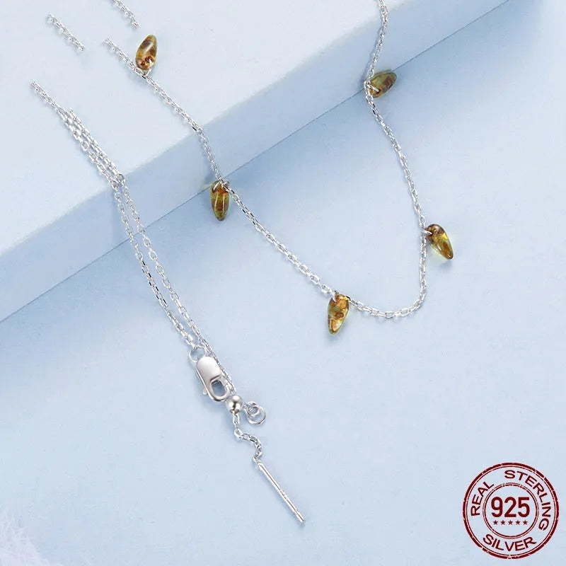 Retro style S925 sterling silver necklace with amber tassel pendant and O-shaped chain, colour BSN432
