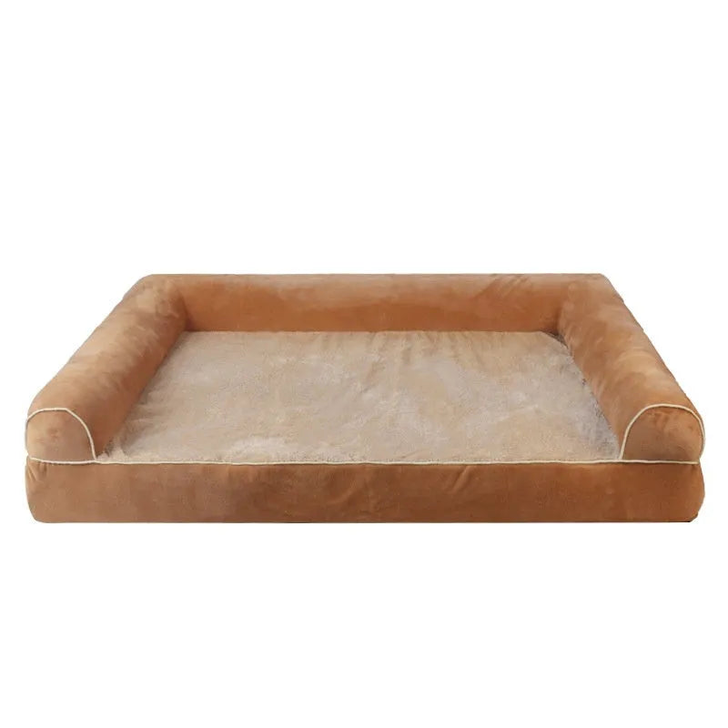 Square blue cloth dog bed with sponge foam cushion for medium-sized dogs on a wooden floor.