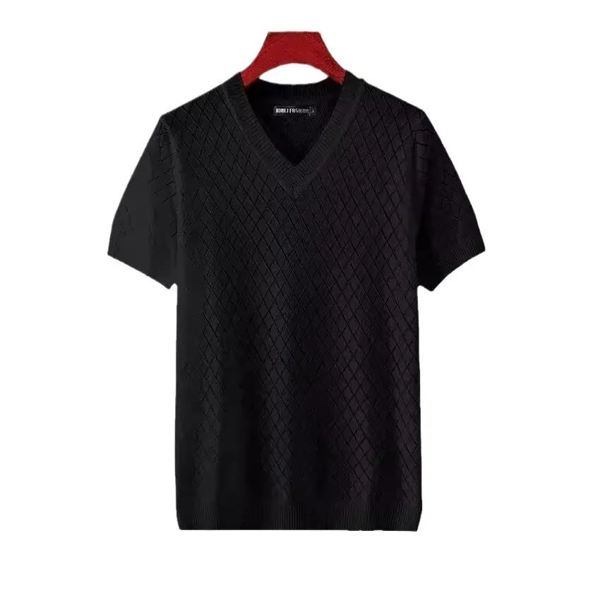 Men's Korean style ice silk V-neck T-shirt in black colour for summer leisure wear