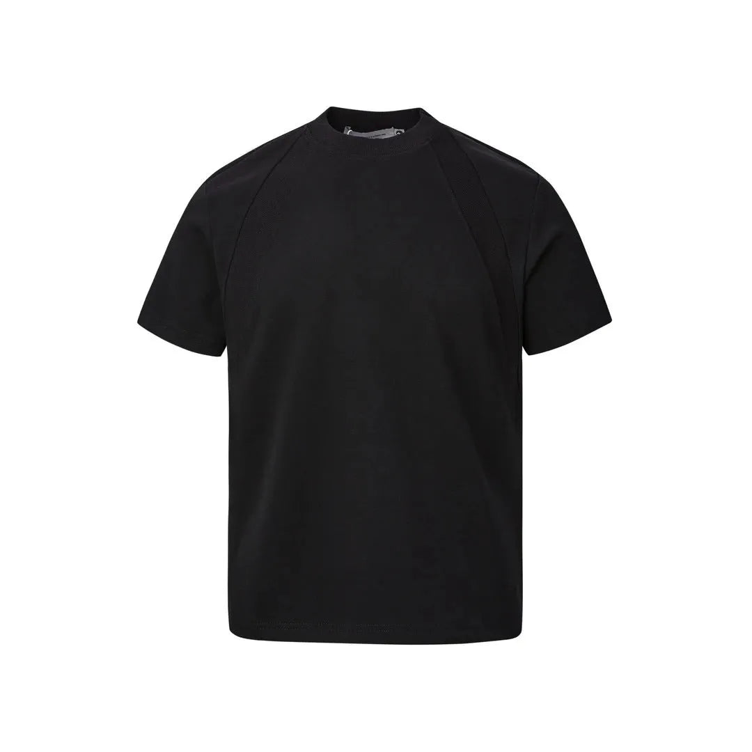 Man's loose grey short sleeve top with textured air layer stitching on the fabric