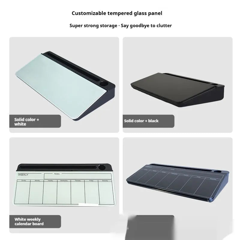 Table top glass whiteboard 18x40cm in black with marker on desk
