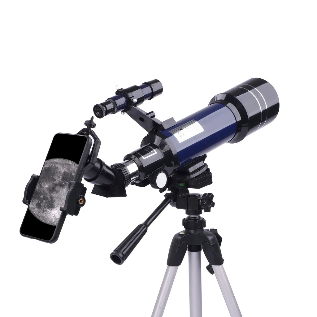 Children's dark blue astronomical telescope with tripod showing 16X-66X magnification specifications