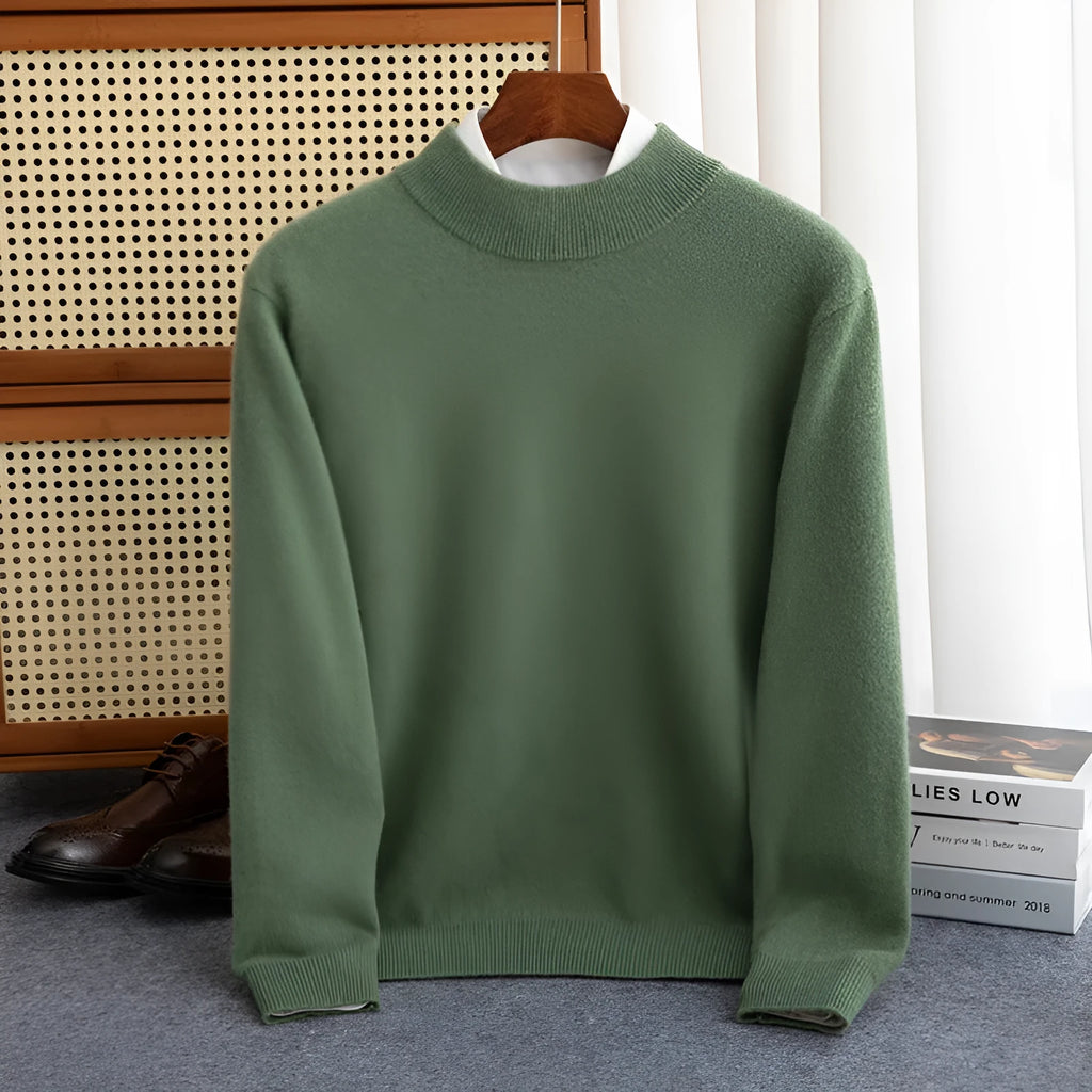 Men's loose fit half collar wool sweater in a light business style, shown in a choice of colours.
