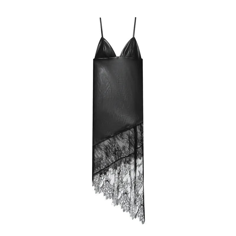 Women's black striped checkered lace leather suspender dress with asymmetrical short skirt and hooded top