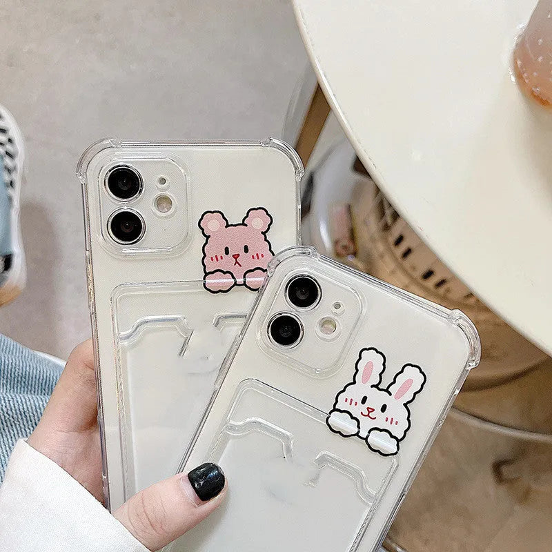 Transparent cartoon design iPhone case with a card slot on the back