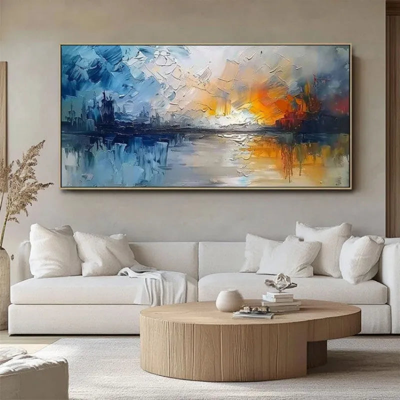 Handmade modern abstract landscape oil painting on canvas, large horizontal size