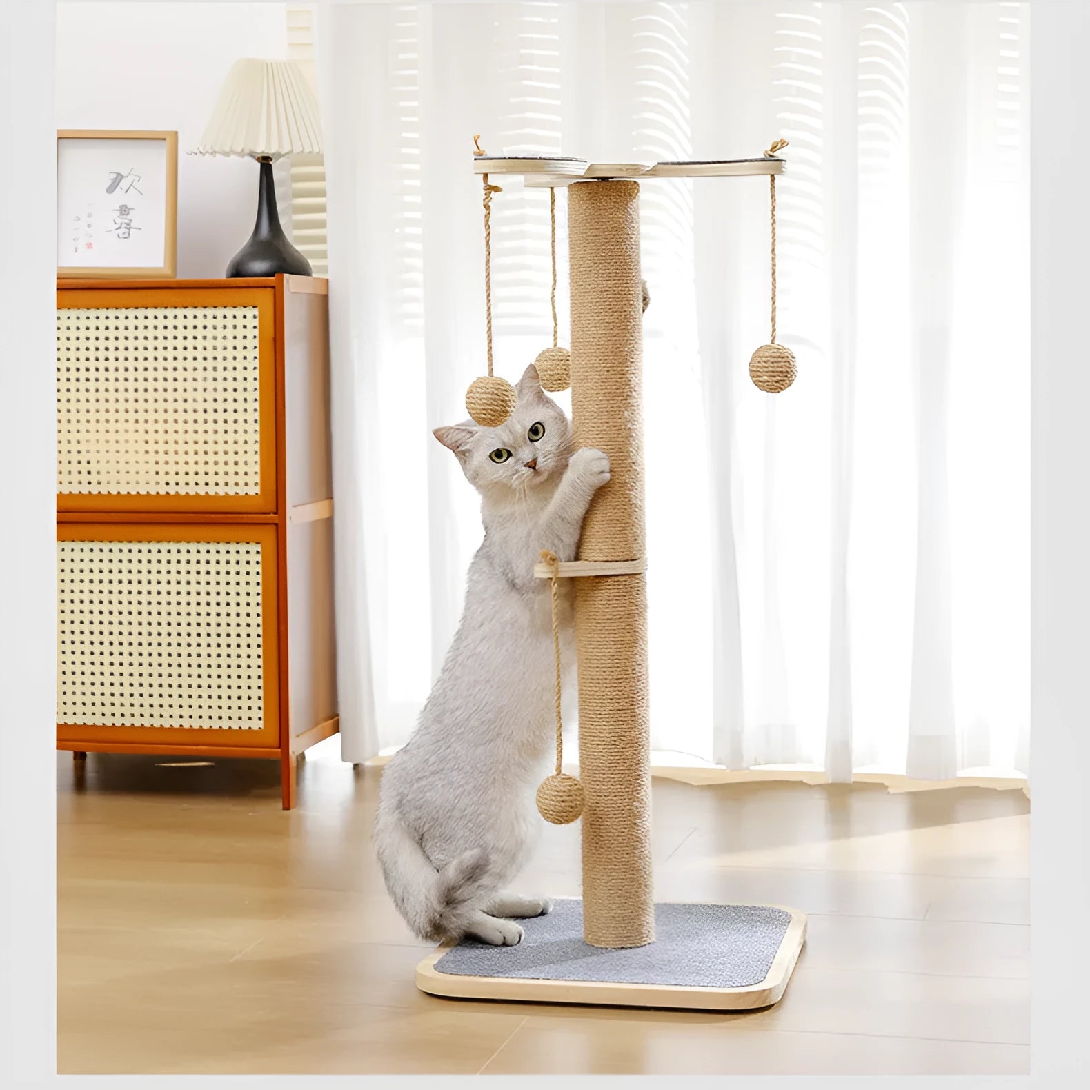 Windmill design cat climbing frame made of pine wood with a hanging ball toy and carpet leather surfaces.