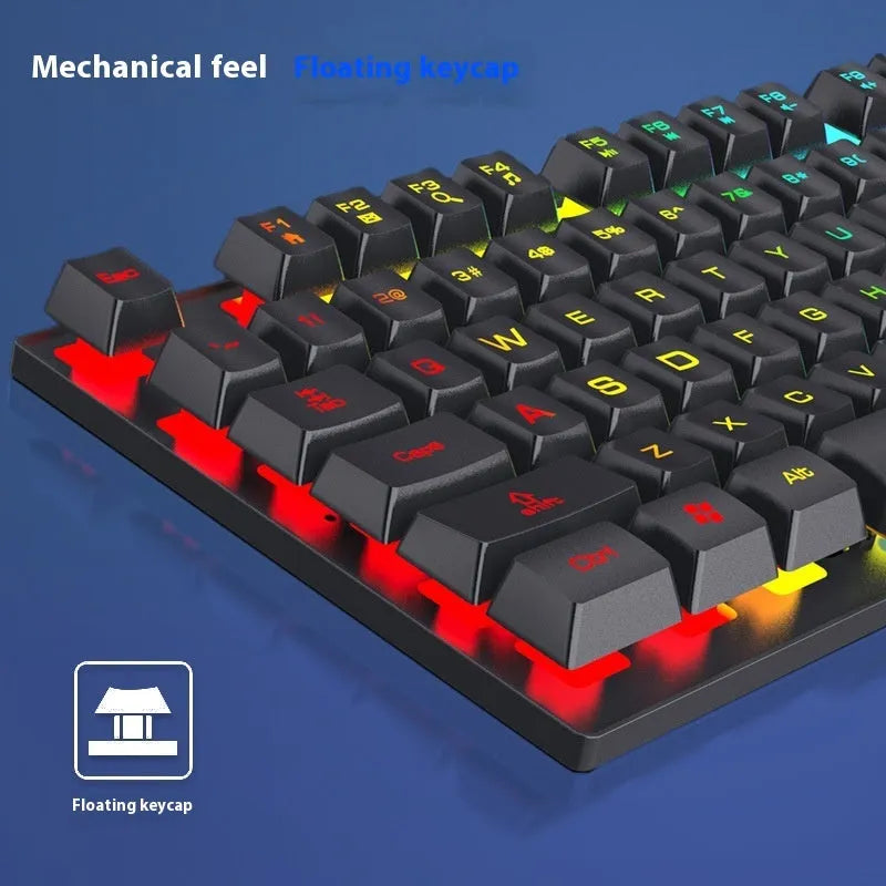 Wired keyboard with six-colour backlit luminous characters on black ABS frame, full-size layout with numeric keypad