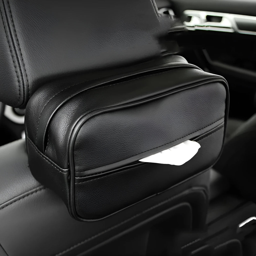 Black PU leather hanging storage box for car documents with dimensions 23cm by 13cm.