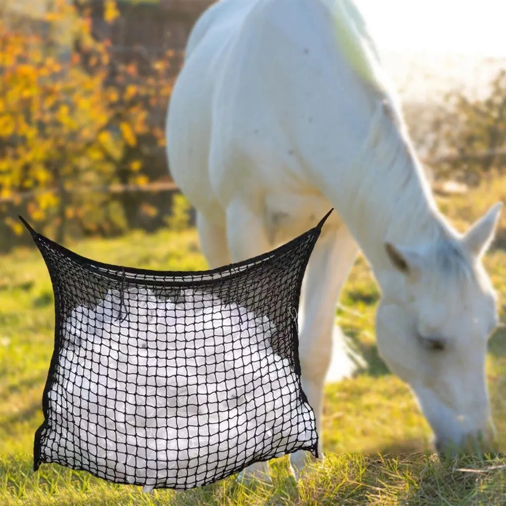 Woven PE rope horse feeding bag hanging with black or white colour options