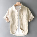 Men's pure cotton short sleeve casual shirt in apricot colour with Japanese fresh style and loose fit